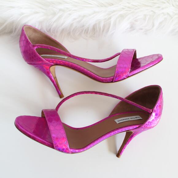 Tabitha Simmons Hot Pink Iridescent Lizard-Embossed Strappy High Heels - Picture 4 of 12